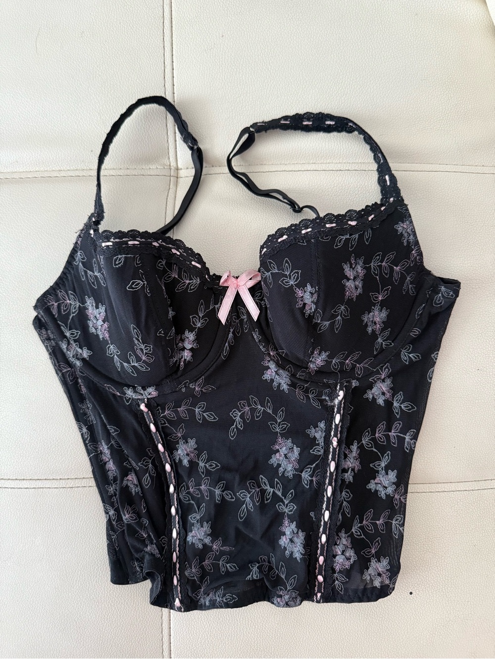 GLO jeans Black Floral Lace Bustier with Pink Bow